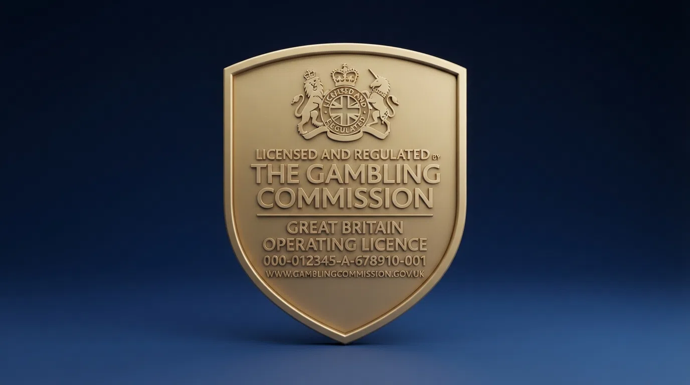 A close-up of the UK Gambling Commission licence badge displayed on a casino footer, with the words “Licensed and regulated by the Gambling Commission” legible