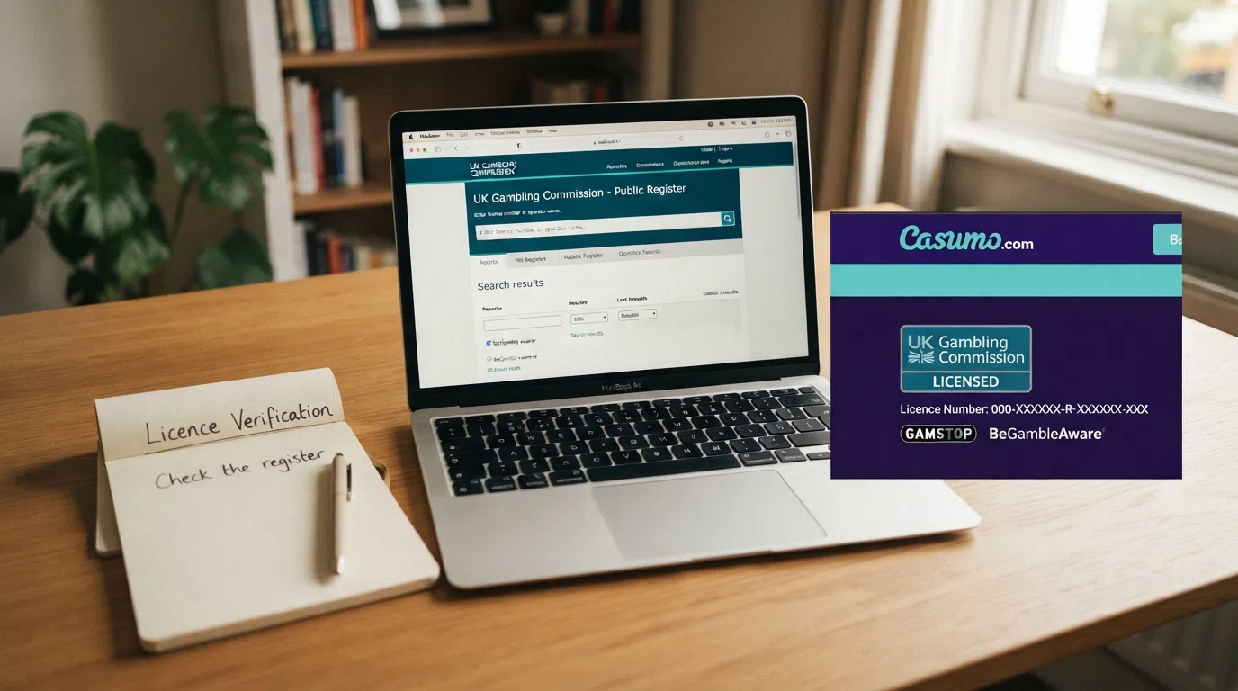 A close-up of the UKGC licence badge on a casino footer, with the Gambling Commission public-register search bar visible on a laptop screen beside it