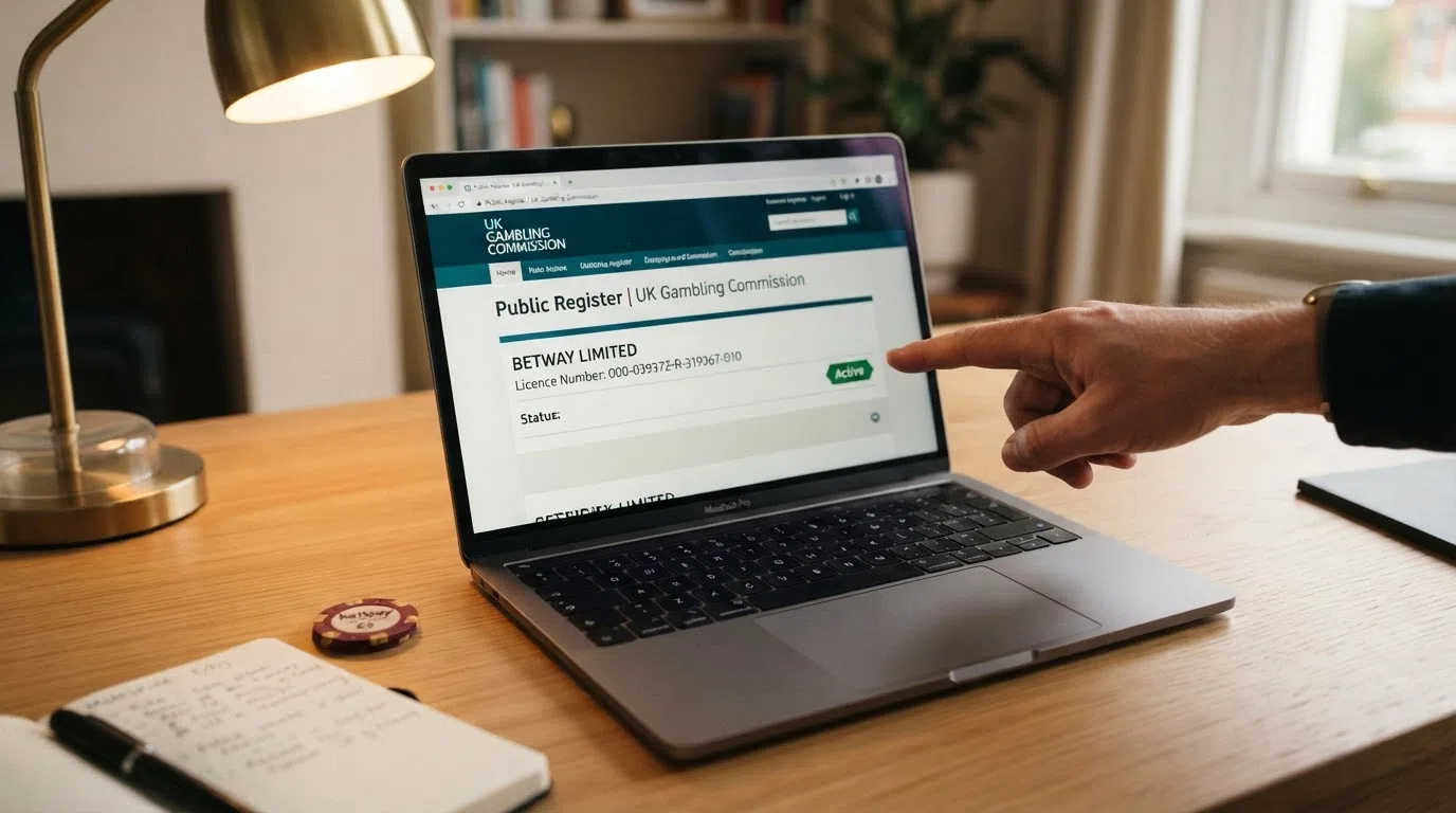 The Gambling Commission public register webpage showing an operator licence entry with the status field reading “Active” and the licence number visible