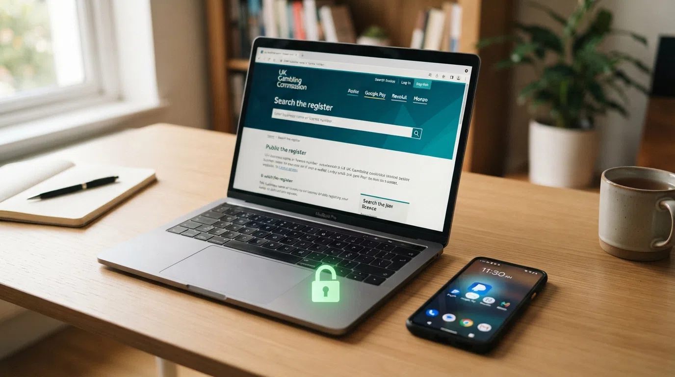 A close-up of a laptop screen showing the UKGC public register search bar with “Search the register” visible beside a MuchBetter app icon and a green padlock symbol, on a clean desk surface.