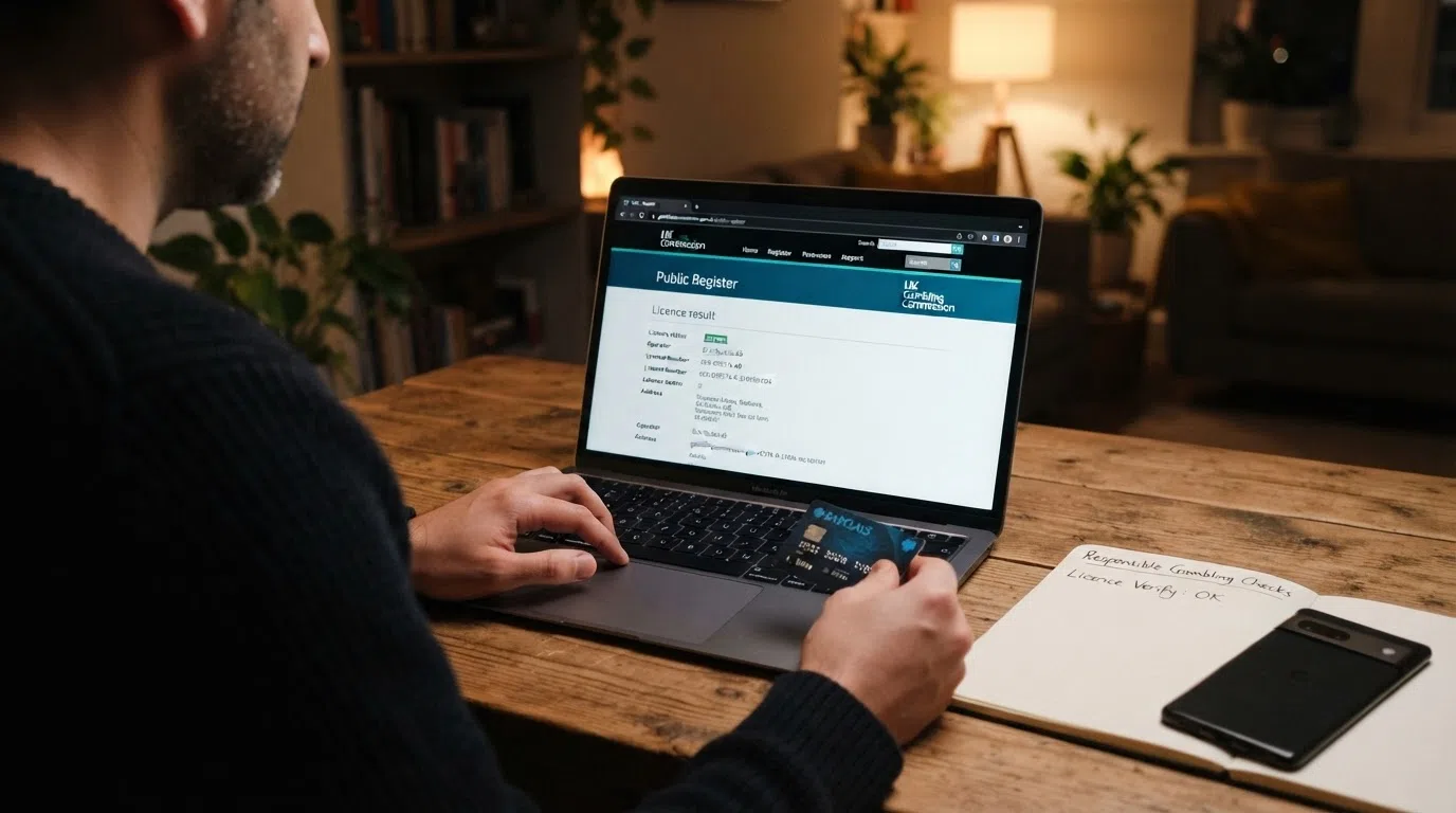 A UK Gambling Commission logo or certificate visual alongside a responsible-gambling information panel