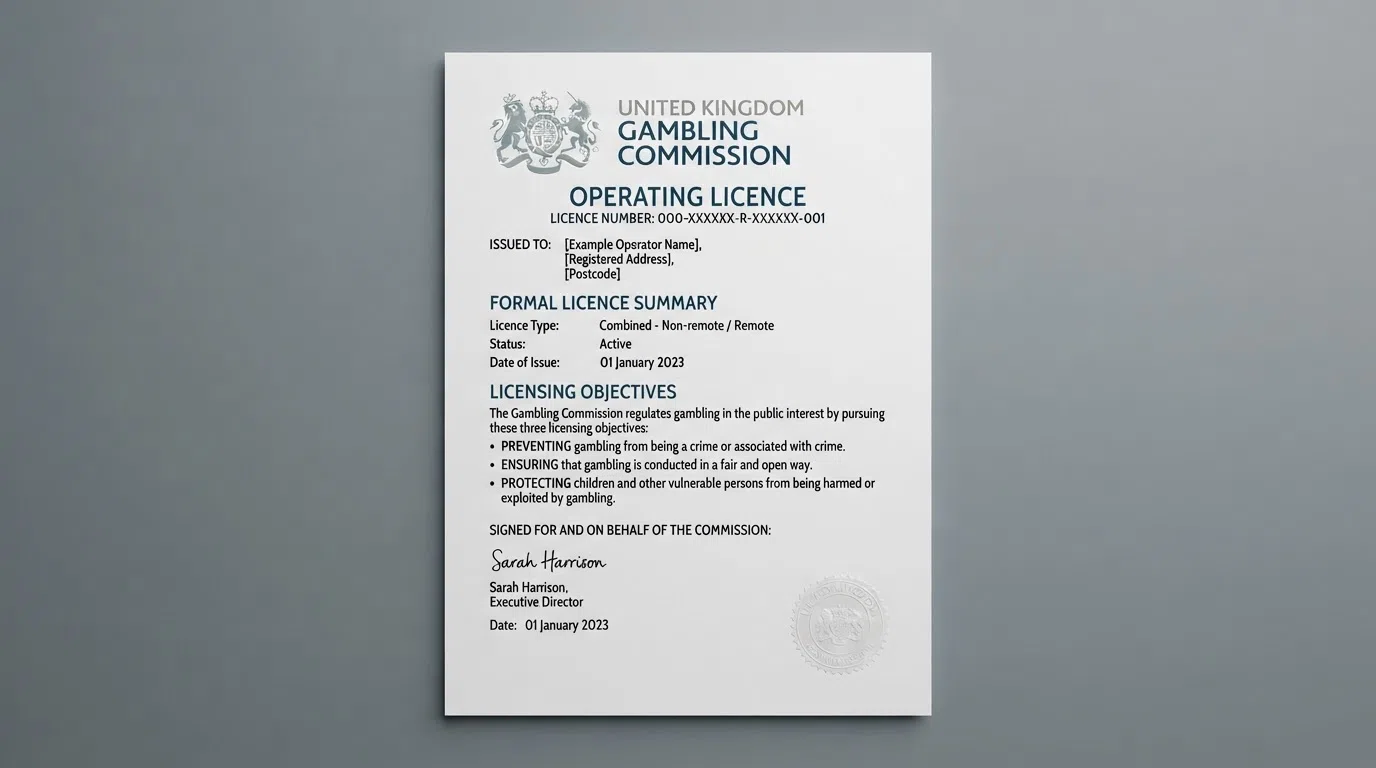 The official Gambling Commission logo and header from a public-register licence summary page, with the three licensing objectives printed beneath