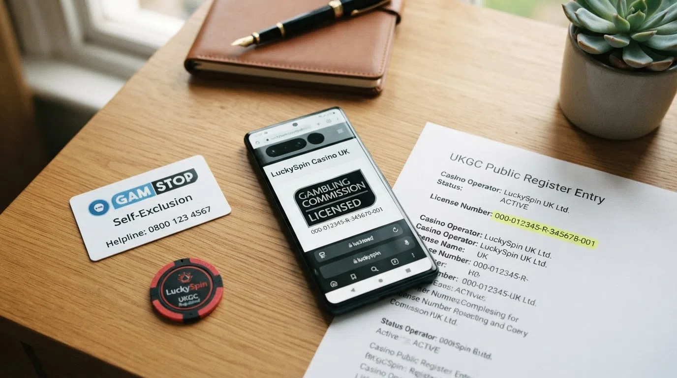 A desk-level photograph of a smartphone displaying a UKGC licence badge on a casino site's footer, beside a printed Gambling Commission public register extract with a highlighted licence number, a GamStop self-exclusion card and a calculator showing a £5 stake figure