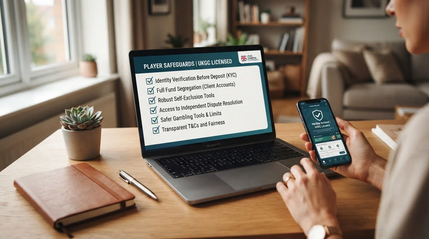UK Gambling Commission logo beside a checklist of player protections: identity verification before deposit, fund segregation, GAMSTOP integration and access to an independent ADR scheme