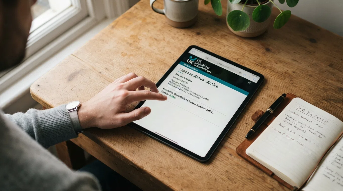 A close-up of an iPad screen showing a UKGC licence number and the Gambling Commission logo on a casino website footer