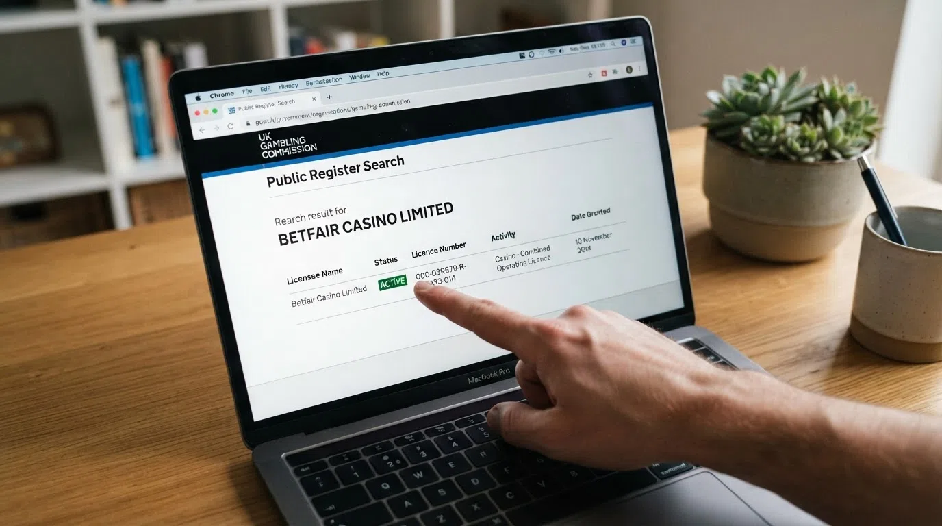The UK Gambling Commission public register search page in a desktop browser, with a casino operator name entered in the search field and an active licence result on screen