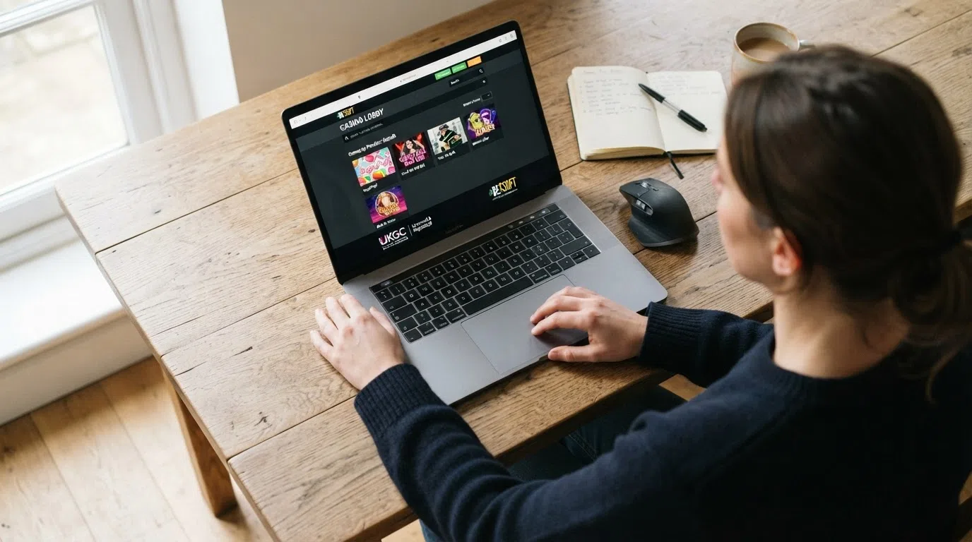 A laptop screen displaying the UK Gambling Commission public register search page with a licence-holder result visible