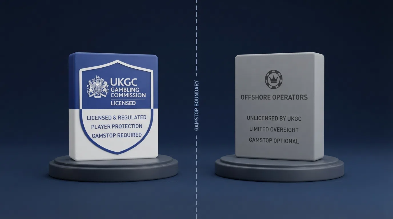 A split illustration showing the UKGC logo on one side and a generic offshore-licence badge on the other, separated by a dashed line representing the GamStop boundary