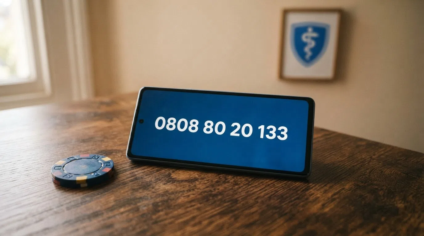 A smartphone screen showing the GamCare National Gambling Helpline number 0808 80 20 133 beside a GAMSTOP registration confirmation page with the NHS logo visible