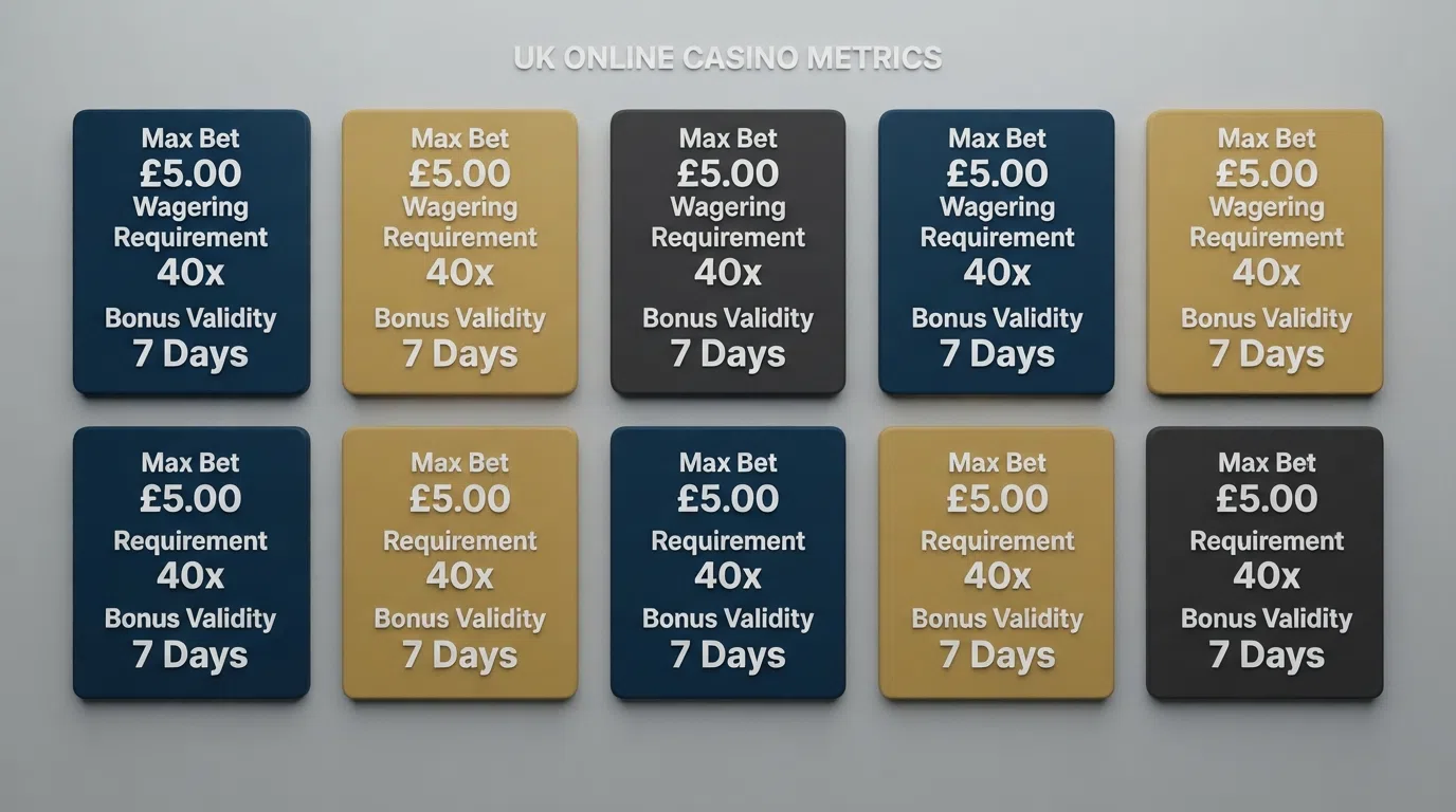A row of ten UK casino brand logos arranged in a comparison grid with key metrics displayed beneath each one