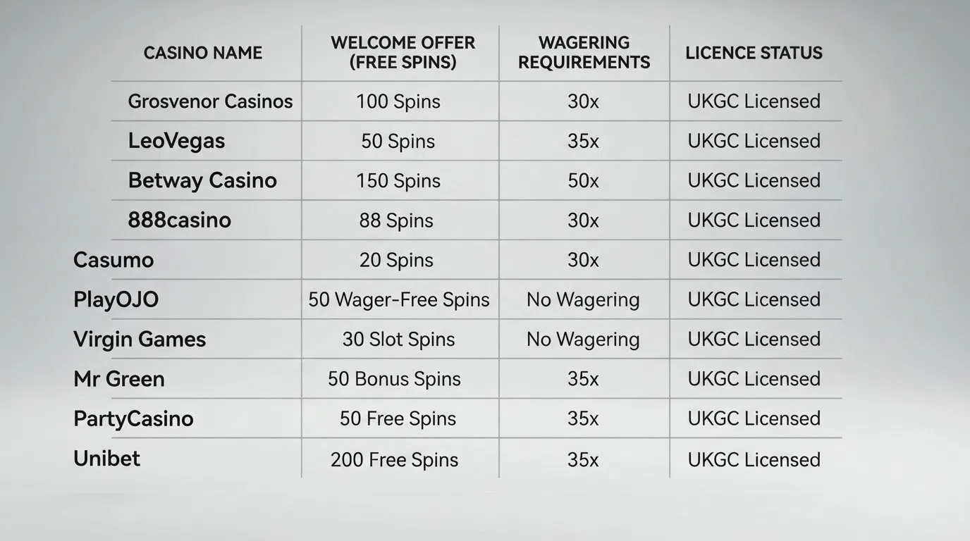 A side-by-side grid comparing ten UK casino logos with their welcome-offer free-spins counts, wagering requirements and licence statuses summarised in a clean layout