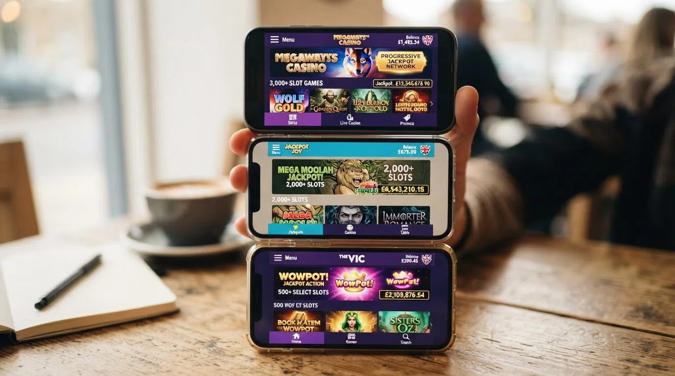 Three UK-licensed casino mobile home screens arranged in a column, each showing a different jackpot lobby layout and game-count badge