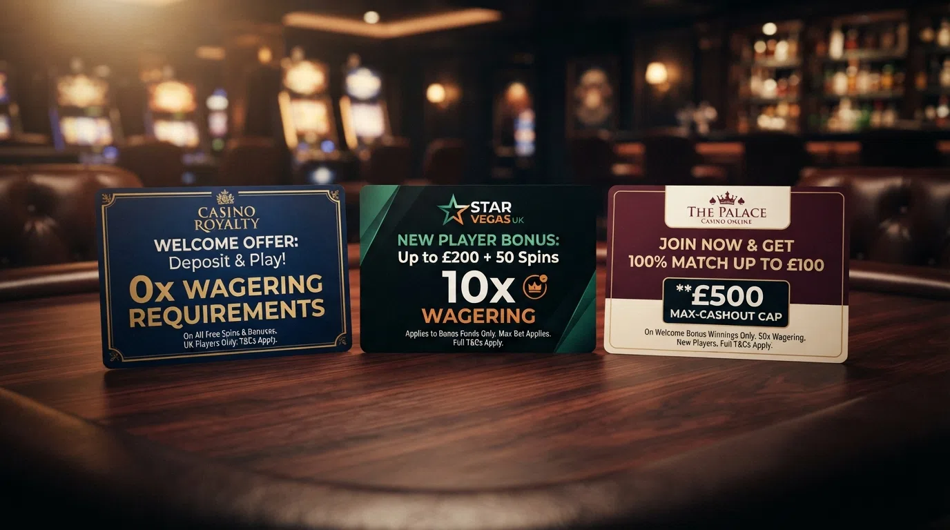 Three welcome-offer cards from featured UK casinos placed side by side, each showing its free-spin count and the wagering term — one marked 0x, one marked 10x, and one showing a max-cashout cap