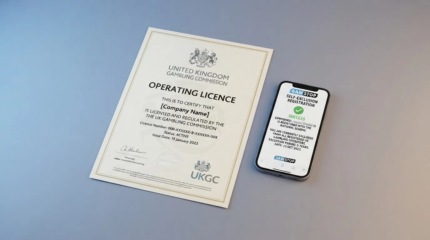 A UK Gambling Commission licence certificate alongside a GamStop registration screen on a phone