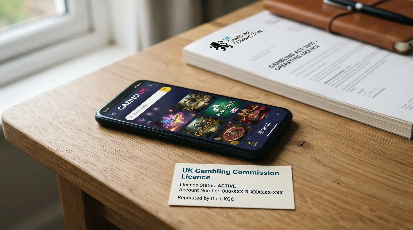 A UK Gambling Commission logo beside a smartphone displaying a casino game lobby with a search bar, with the Gambling Act 2005 document in the background