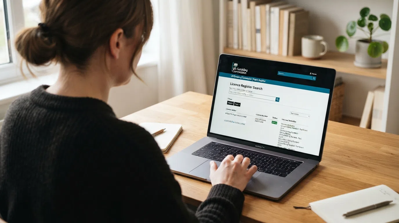 A screenshot-style view of the Gambling Commission's licence register with a search box