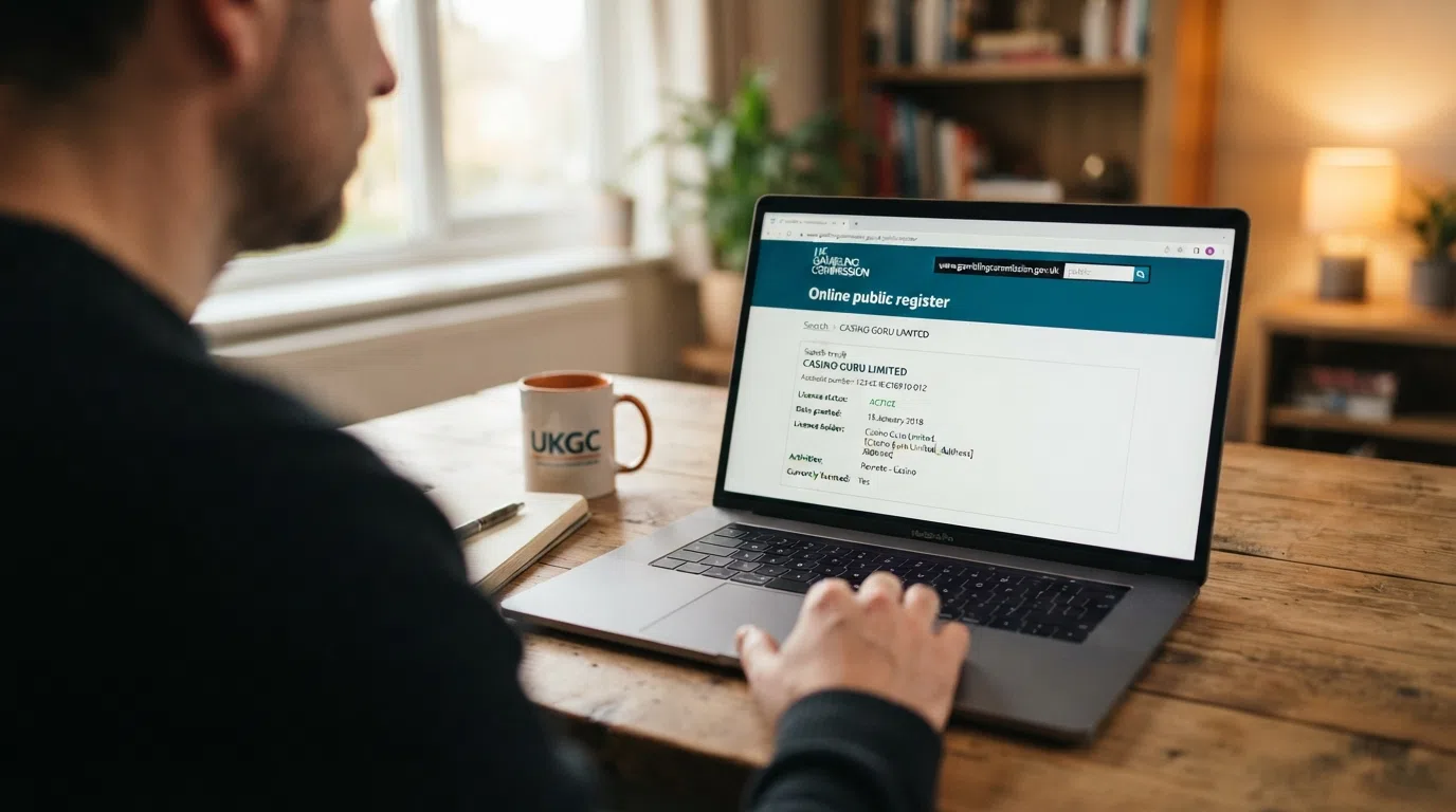 The UK Gambling Commission's online public register search interface displaying an active remote casino operating licence with the operator's name, licence number, and licence status clearly highlighted.