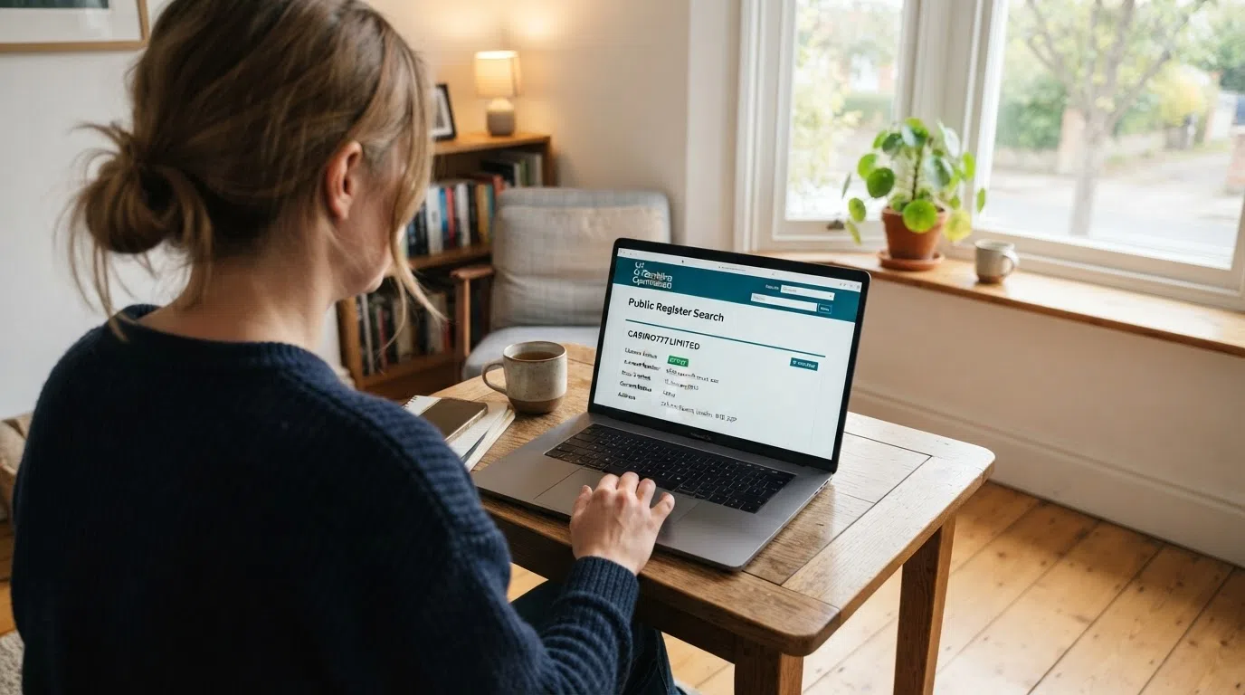 A laptop screen showing the UKGC public register search interface with a casino name entered, a green active-status result returned, and the register's key fields — licence number, status, operator name — highlighted