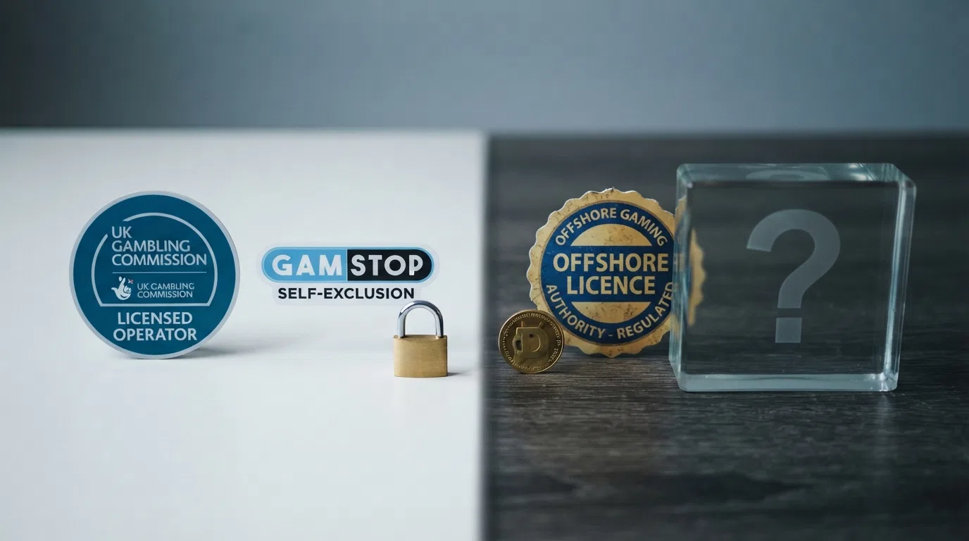 A split visual contrasting a UKGC licence badge with a GamStop logo and a padlock on one side, and a question mark over a Curaçao licence seal on the other