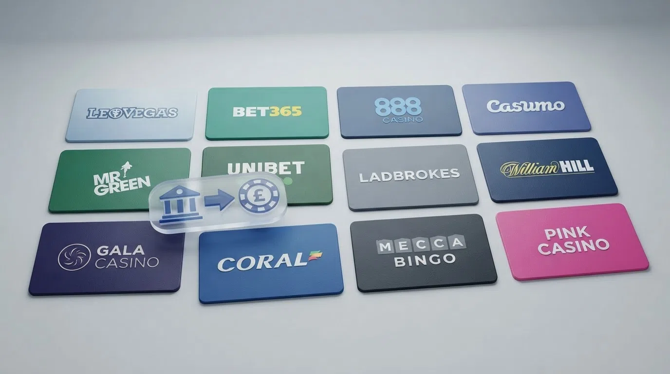A grid of UK casino brand tiles arranged in a comparison layout, with a bank-transfer payment icon overlaid in the foreground