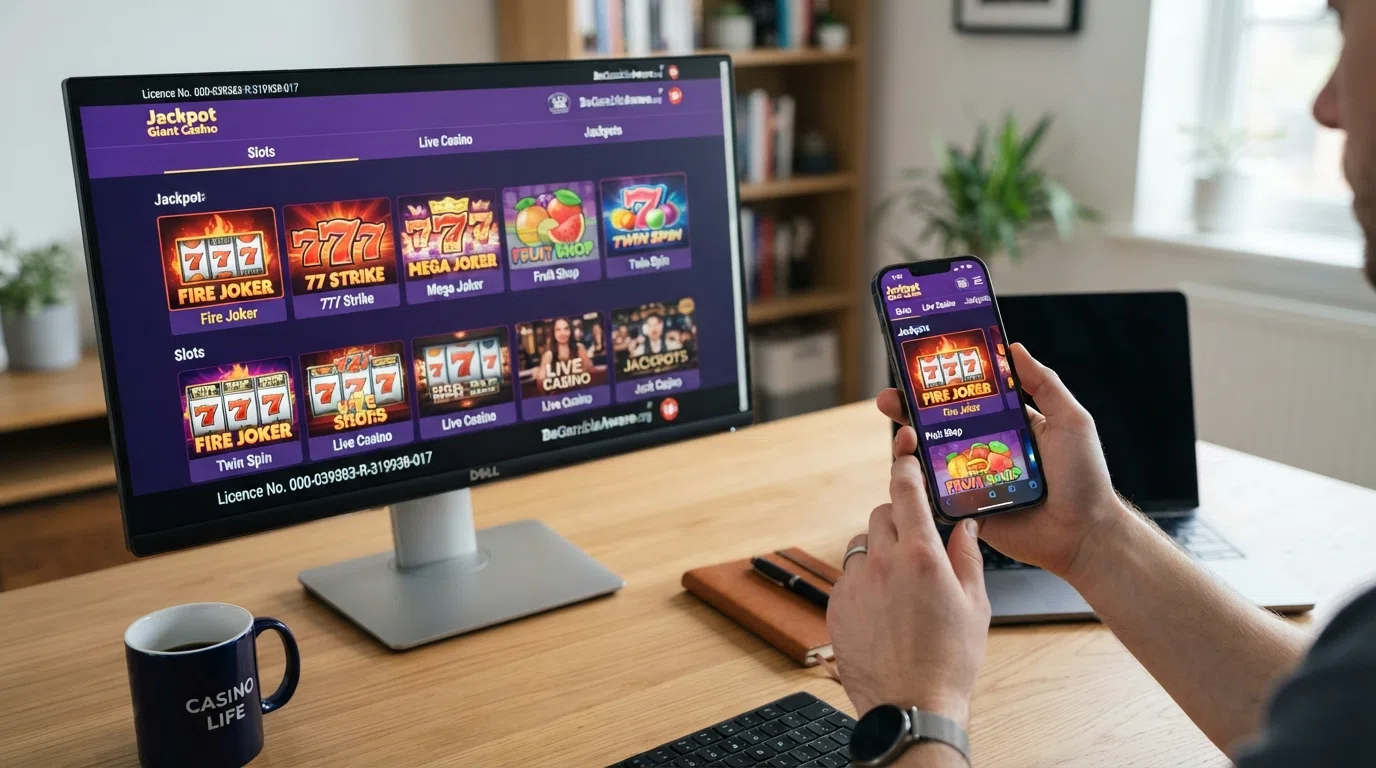 A desktop browser and a mobile phone screen each displaying a UK-licensed online casino lobby with classic slot thumbnails visible
