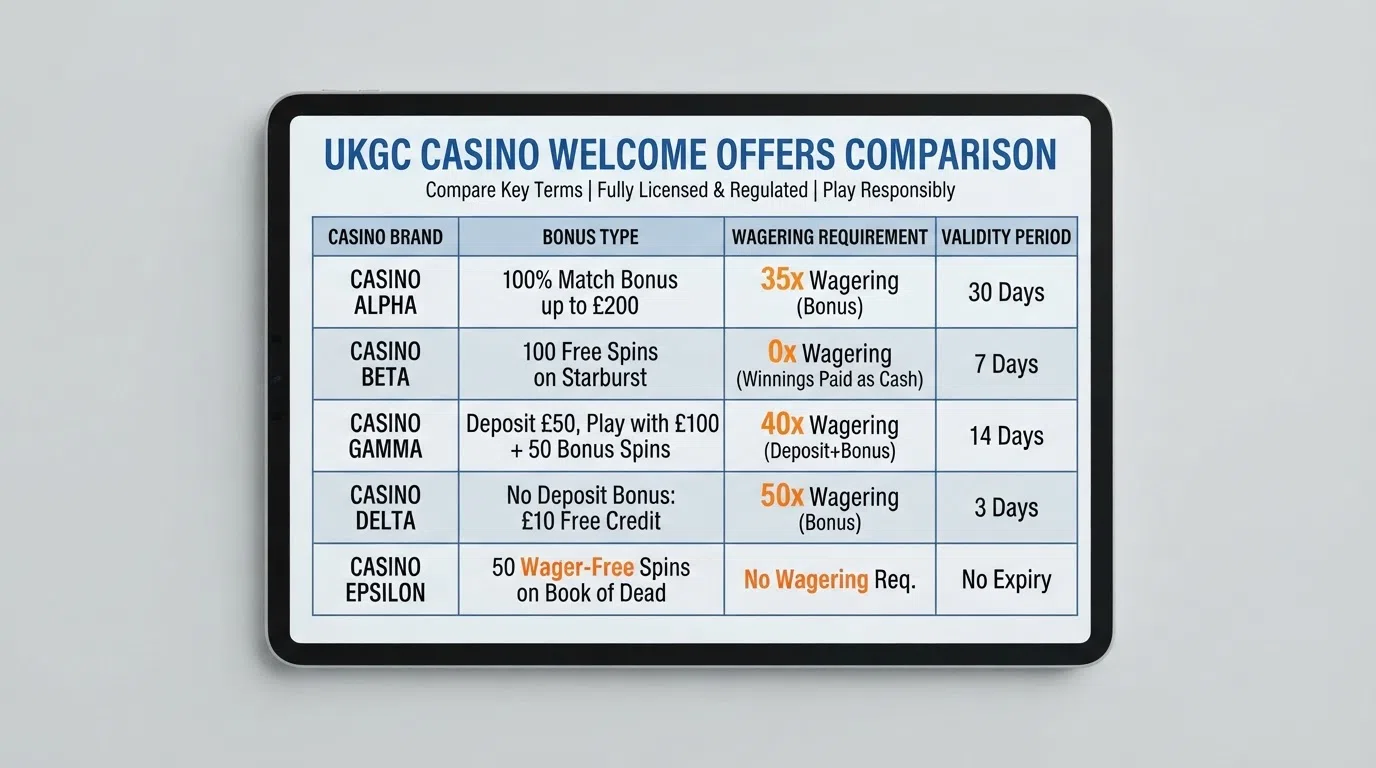 A side-by-side comparison grid displaying ten UKGC-licensed online casino welcome offers, showing the bonus type, wagering multiplier, and validity period for each operator in a clean, scannable format.