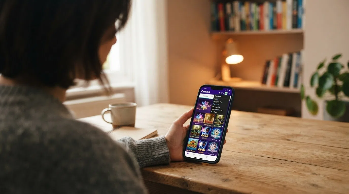 A smartphone displaying a UK-licensed casino game lobby with video slot thumbnails arranged in rows and a provider filter menu visible
