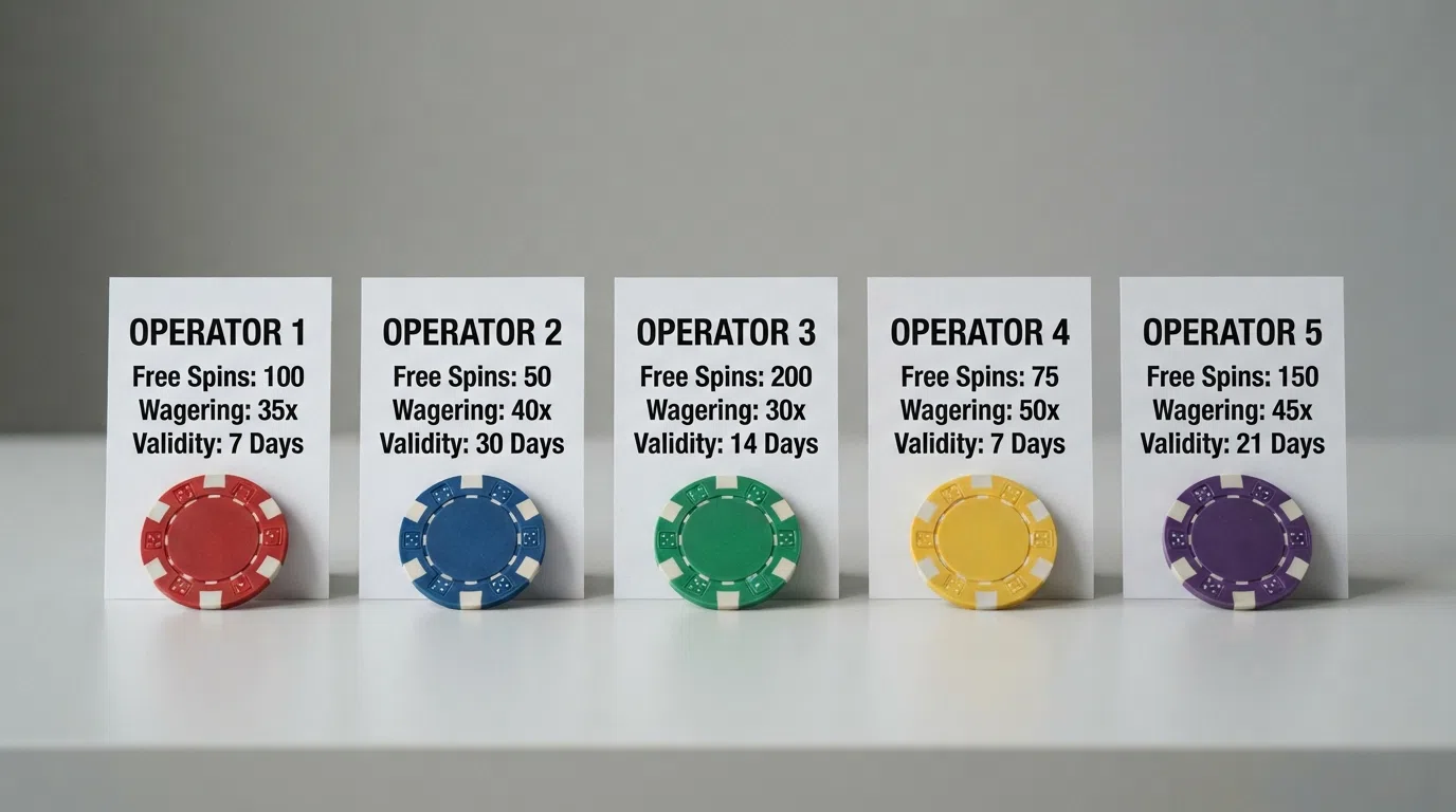 Side-by-side comparison cards showing welcome-offer terms from five UK-licensed online casinos with free-spin counts, wagering multiples and validity windows highlighted