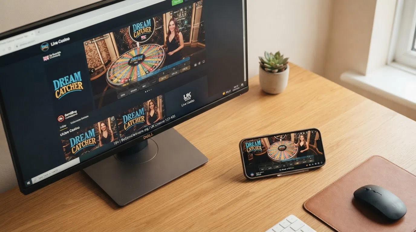 A desktop browser displaying a live casino lobby with Dream Catcher thumbnails beside a smartphone showing the same game, overlaid with a UKGC licence badge graphic