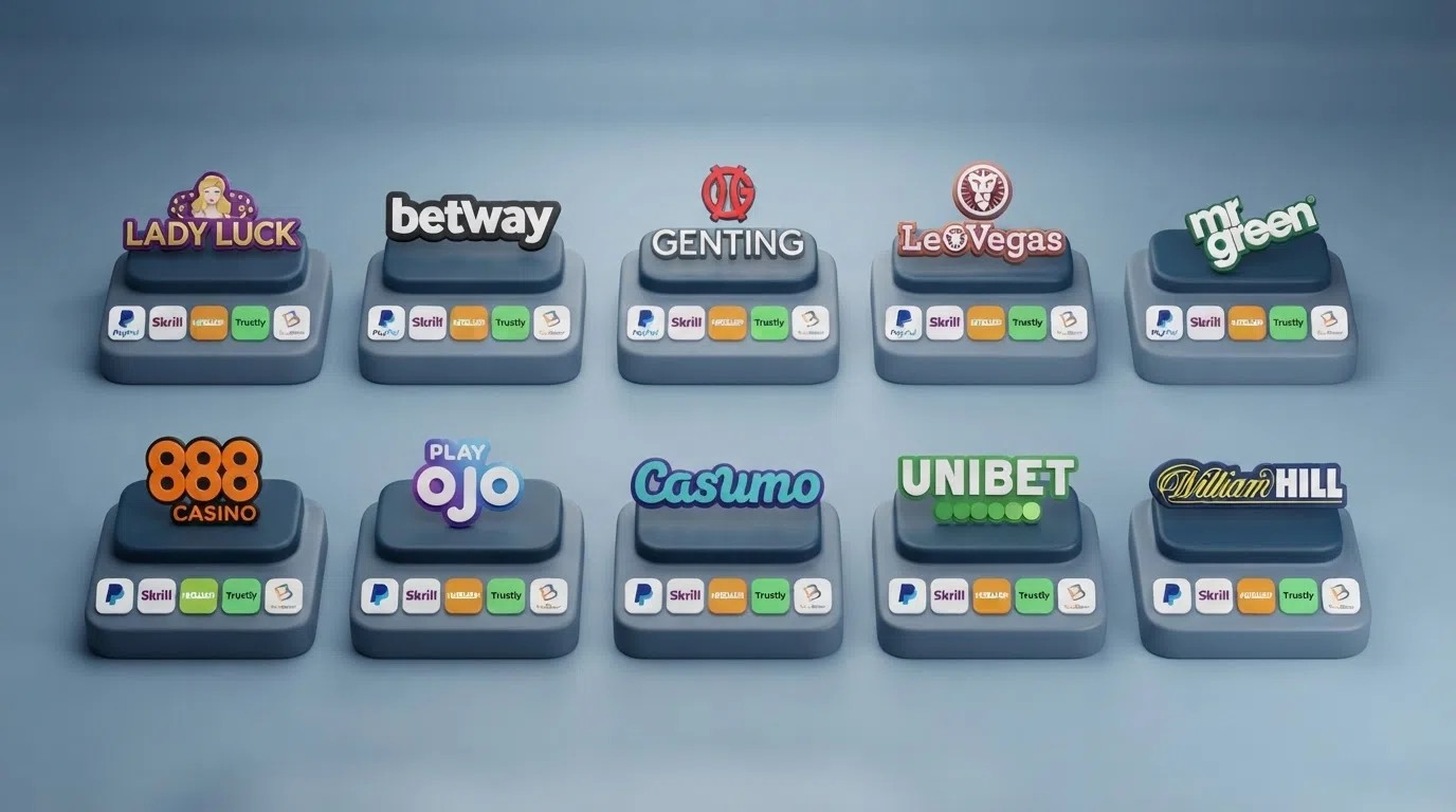 A grid of ten UKGC-licensed casino operator logos arranged in ranked order, each with the e-wallet icons it supports displayed beneath it