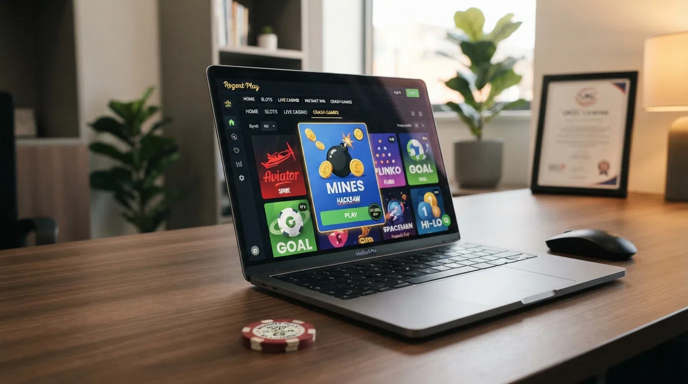 A desktop browser view of a UK-licensed online casino lobby showing the instant-win or crash-games category with a Mines game tile visible