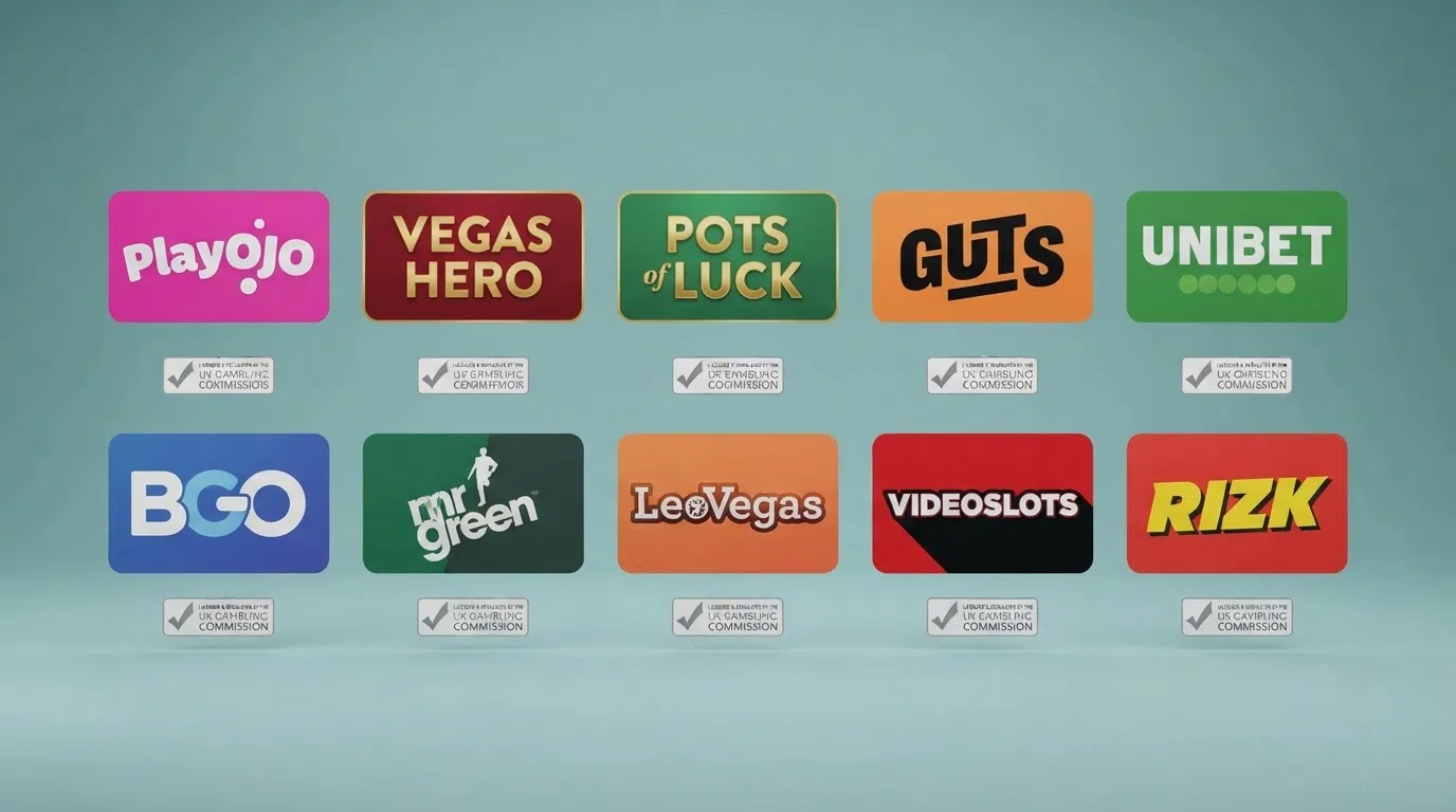 A grid of the 10 featured UK casino brand marks arranged by free-spin count, with a UKGC badge and each operator's licence number visible beneath the row.