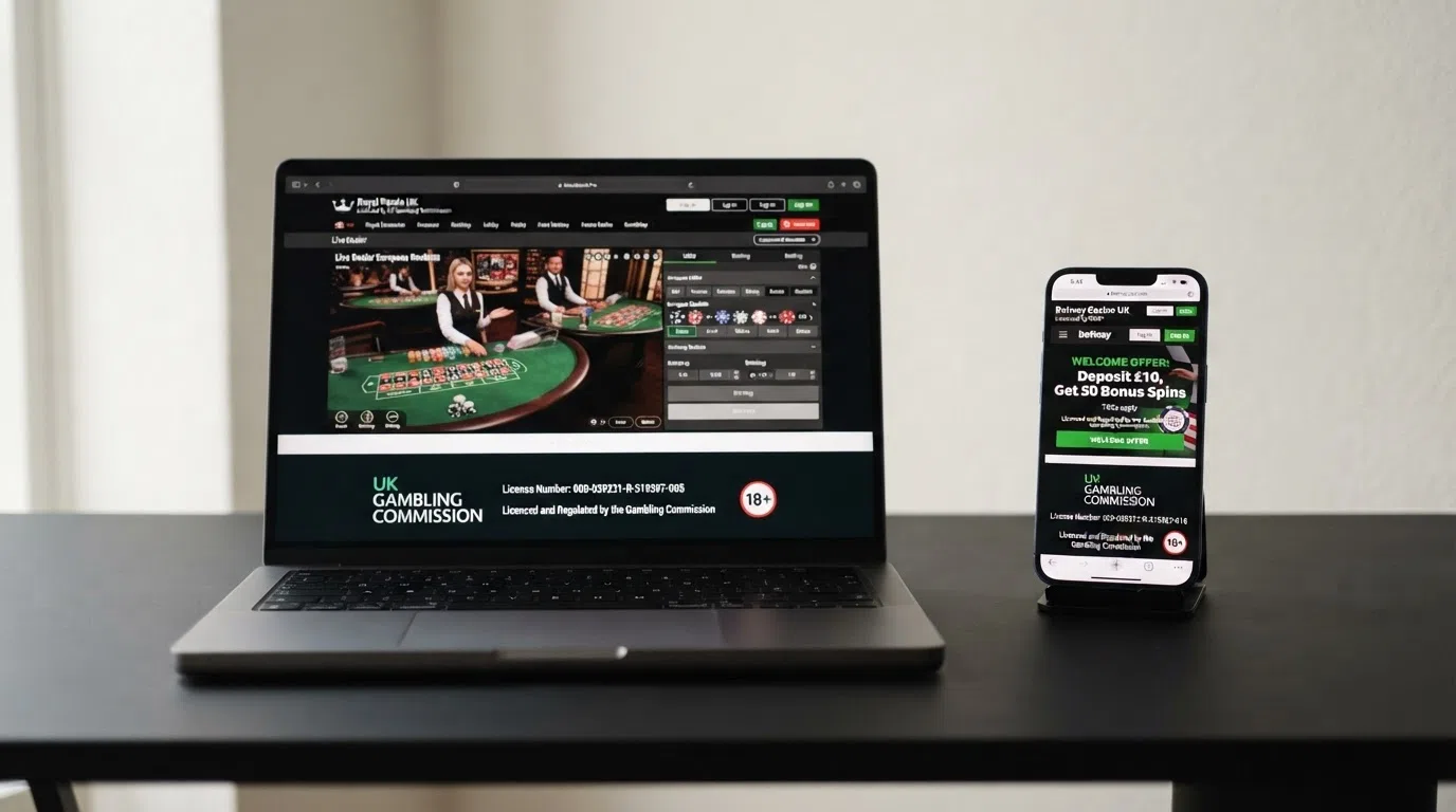 A laptop and smartphone side by side displaying UK online casino homepages, with UK Gambling Commission licence information visible on screen