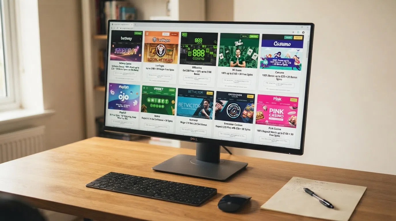 A side-by-side grid of UK online casino homepages on a desktop browser, each showing a welcome-offer banner for slot players