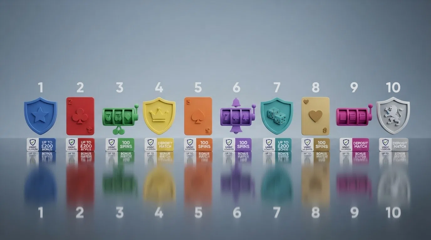 A side-by-side visual of ten UK casino operator logos arranged as a ranking, with licence markers and bonus tags beneath each