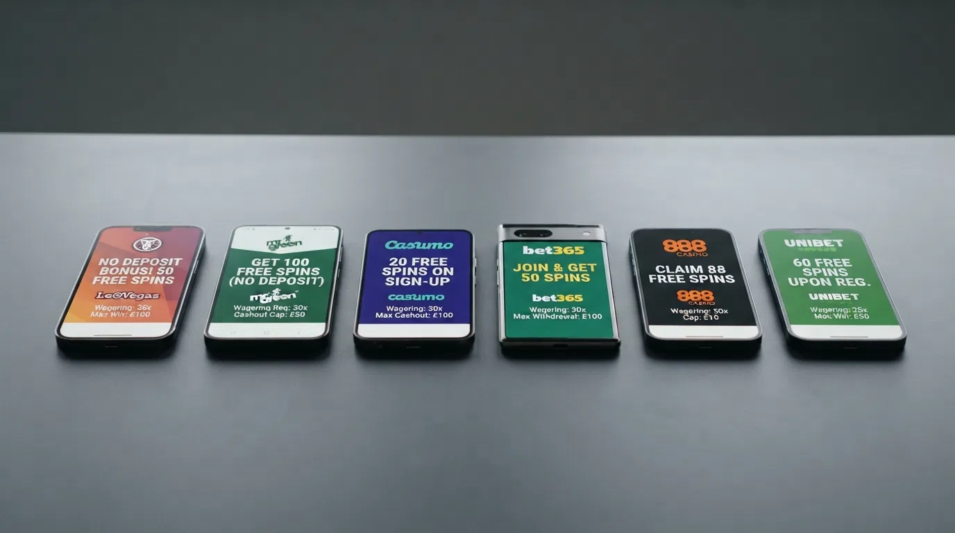 A side-by-side arrangement of six mobile phone screens, each displaying a different no-deposit free-spins offer screen from a UK casino, with the spin count and wagering multiple highlighted on each screen