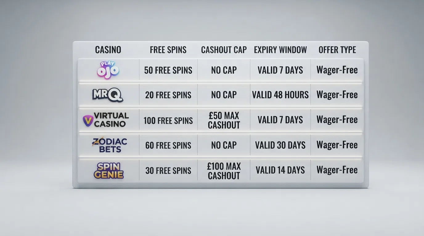 A side-by-side comparison grid of no-wagering welcome offers from UK-licensed casinos, with free-spin counts and key restriction flags highlighted