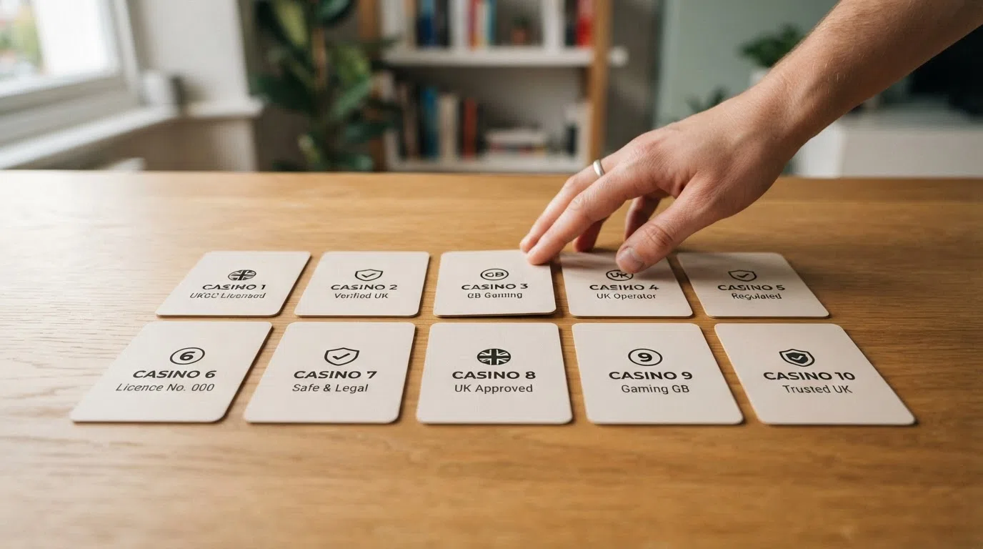 A side-by-side grid of the ten featured UKGC-licensed casino logos arranged by Pay N Play method and welcome-offer value