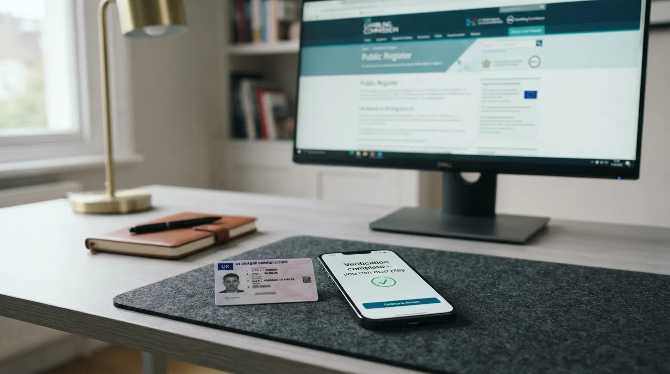 A UK photocard driving licence placed beside a smartphone whose screen reads “Verification complete — you can now play,” with the UKGC public-register webpage visible on a monitor behind them