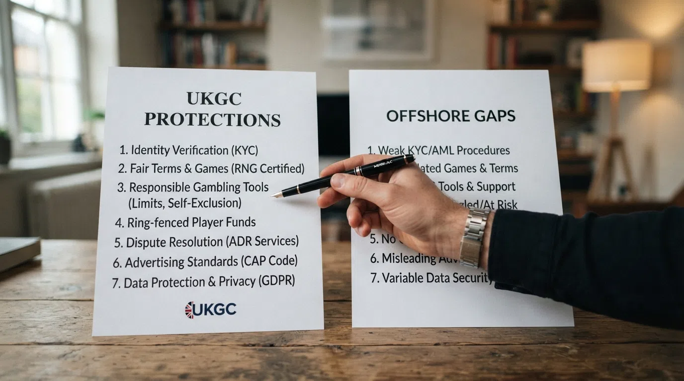 A diagram comparing the seven UKGC player protections against the corresponding gaps at an offshore casino, with the UKGC logo on one side and a generic offshore licence seal on the other