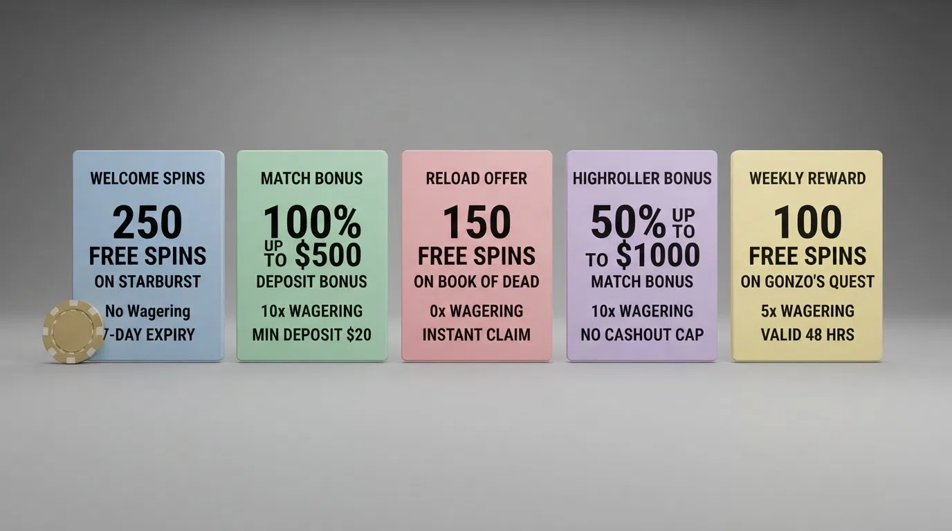 A side-by-side visual comparison of UK casino welcome offers — free-spin counts, wagering multiples and key terms arranged as simplified cards