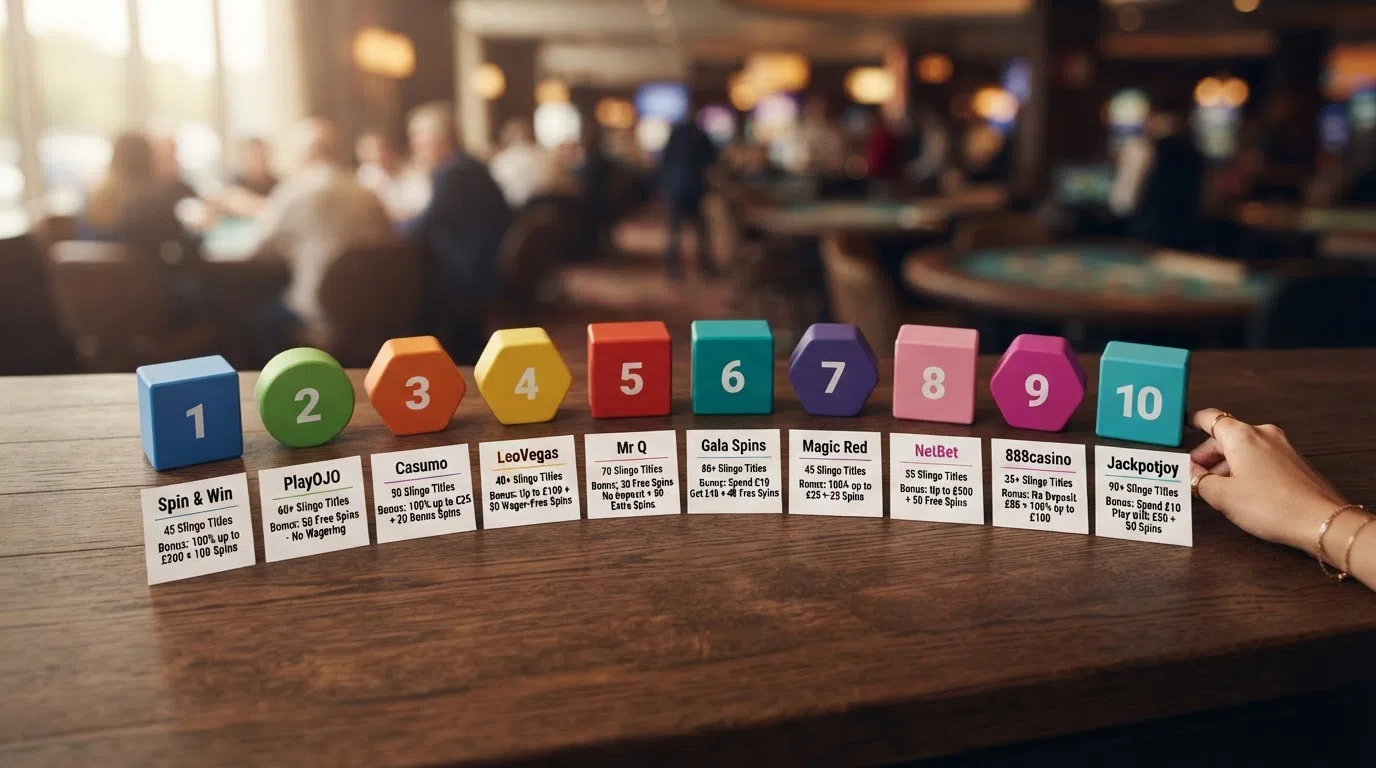 A side-by-side visual summary of UK Slingo casino logos or branding with key stats — title count and bonus headline — displayed beneath each