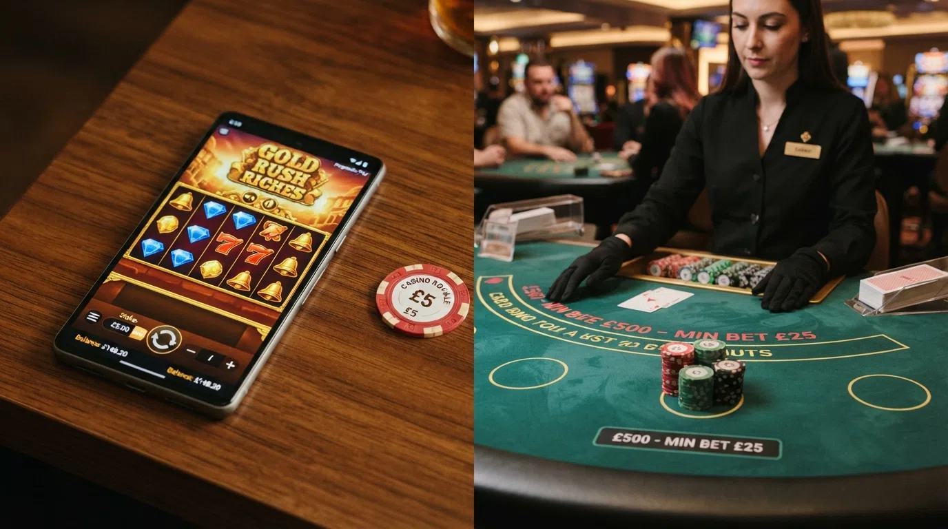 A split-screen graphic showing a slot interface labelled with a £5 maximum stake on one side and a live dealer blackjack table with no statutory cap label on the other