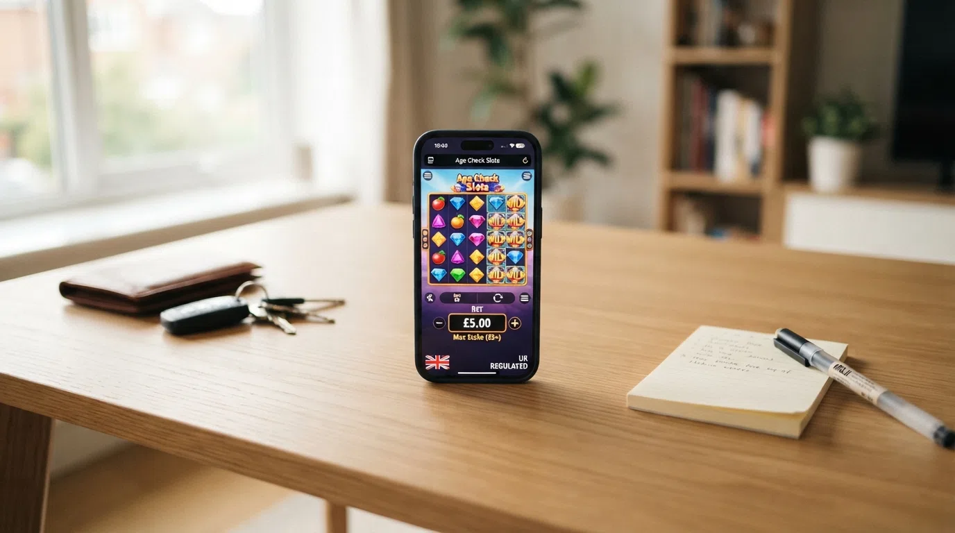 A close-up of a cluster pays slot bet selector with the bet amount set at £5, overlaid with an icon indicating the UK statutory maximum stake per spin