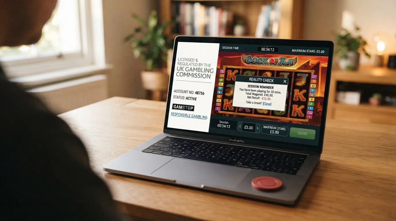 A split-screen infographic: the UK Gambling Commission logo and licensing badge on one side, and a slot screen displaying a £5 maximum stake indicator with a session-timer and reality-check pop-up on the other