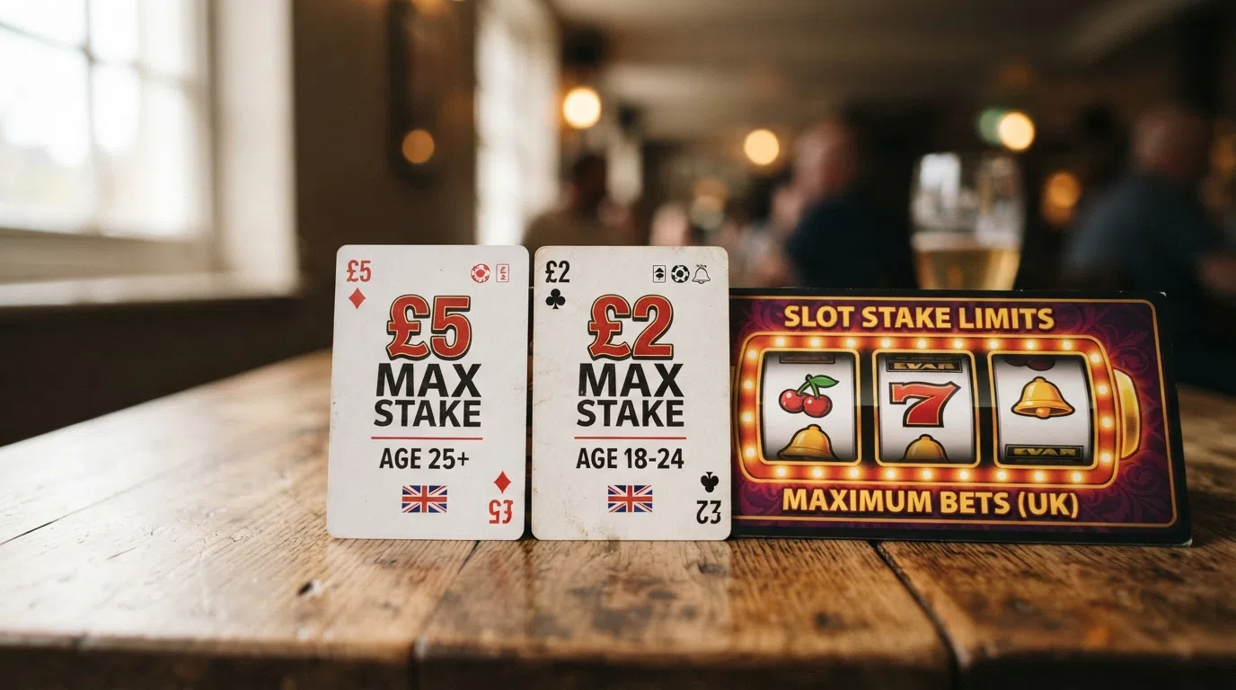 Two playing cards marked £5 and £2 beside a slot reels graphic