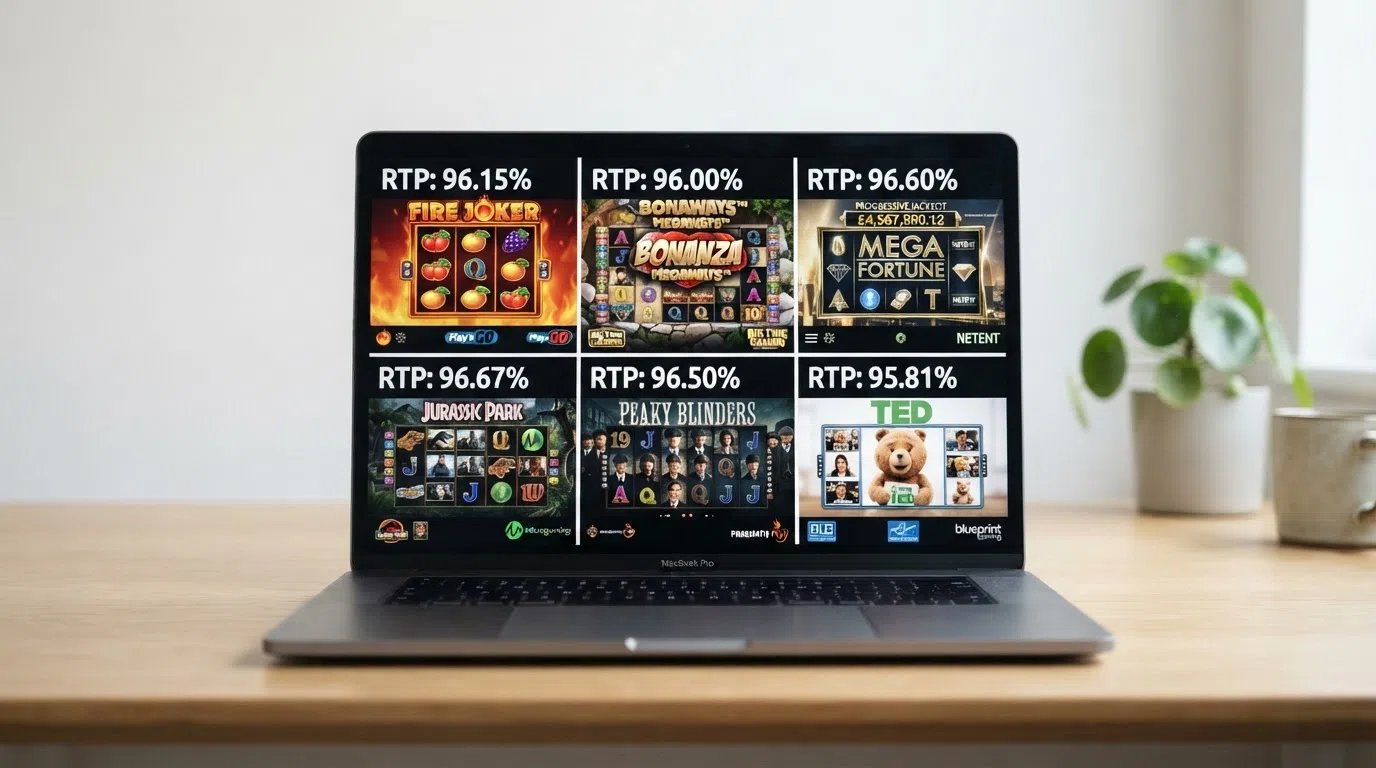 A grid of six online slot game screenshots showing different formats — a classic three-reel slot, a Megaways title, a progressive jackpot game and three branded video slots — with RTP percentages overlaid