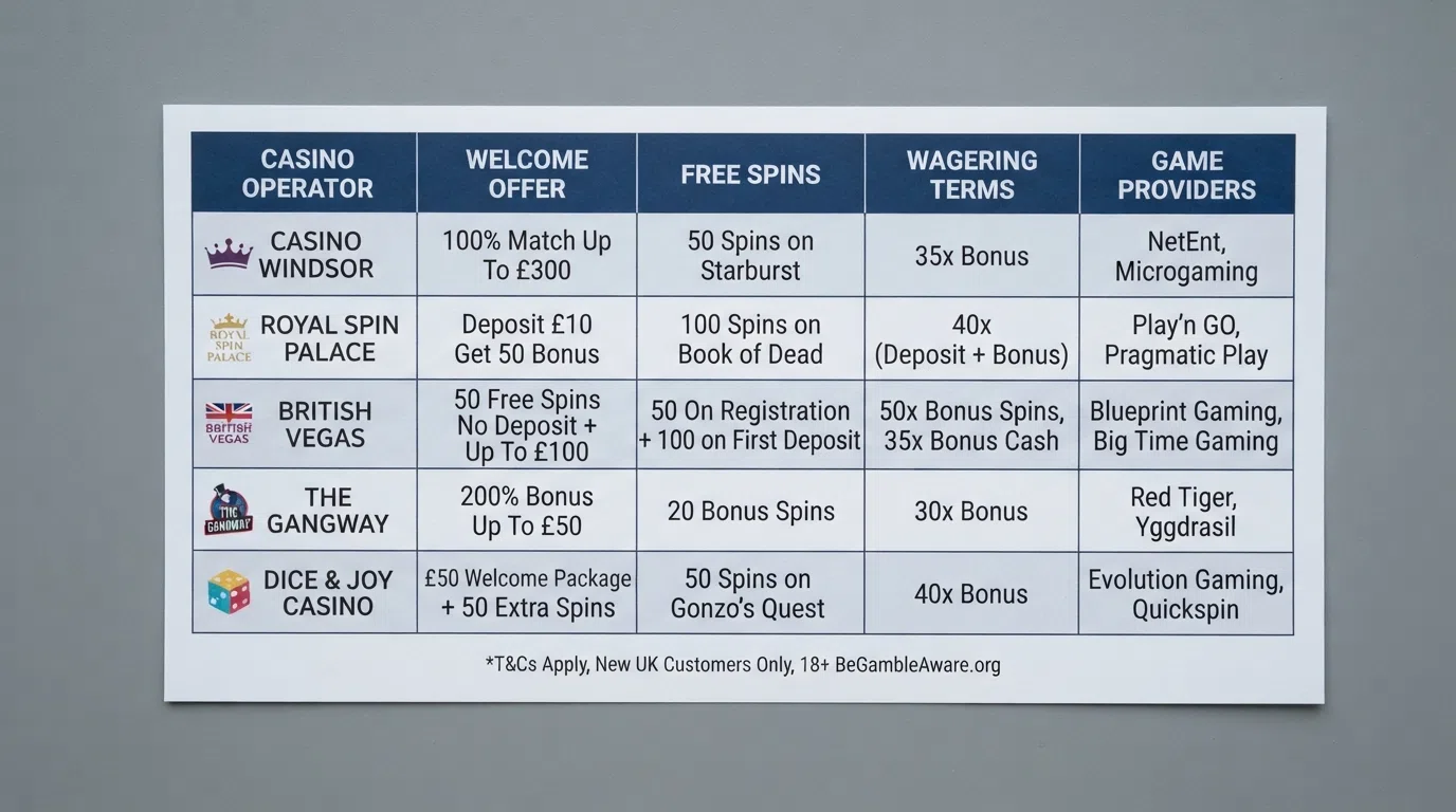 A side-by-side grid of UK-licensed online casino logos arranged above a comparison table with columns for welcome offer, free spins, wagering terms, and game providers
