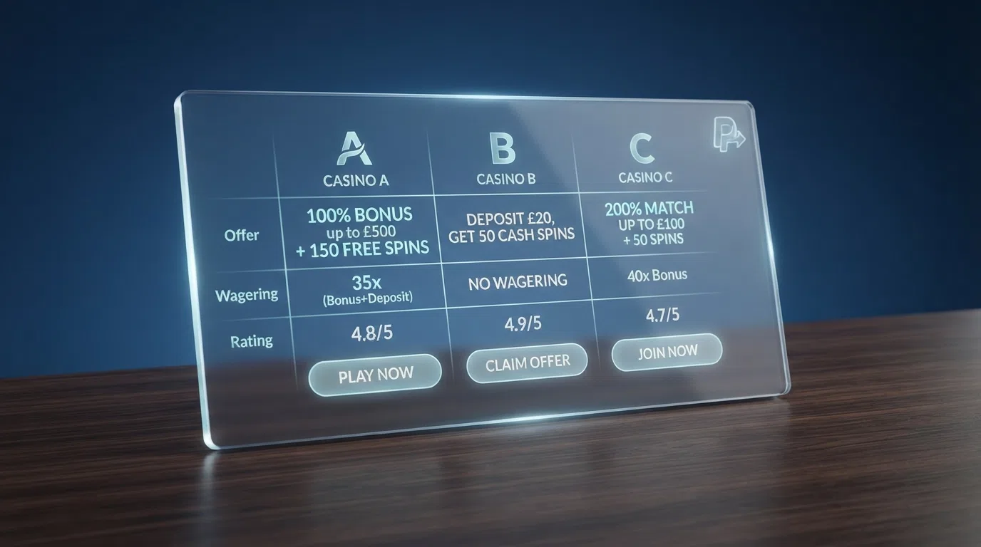 A comparison grid showing UK casino welcome offers with free-spin counts, wagering requirements and a Trustly logo.