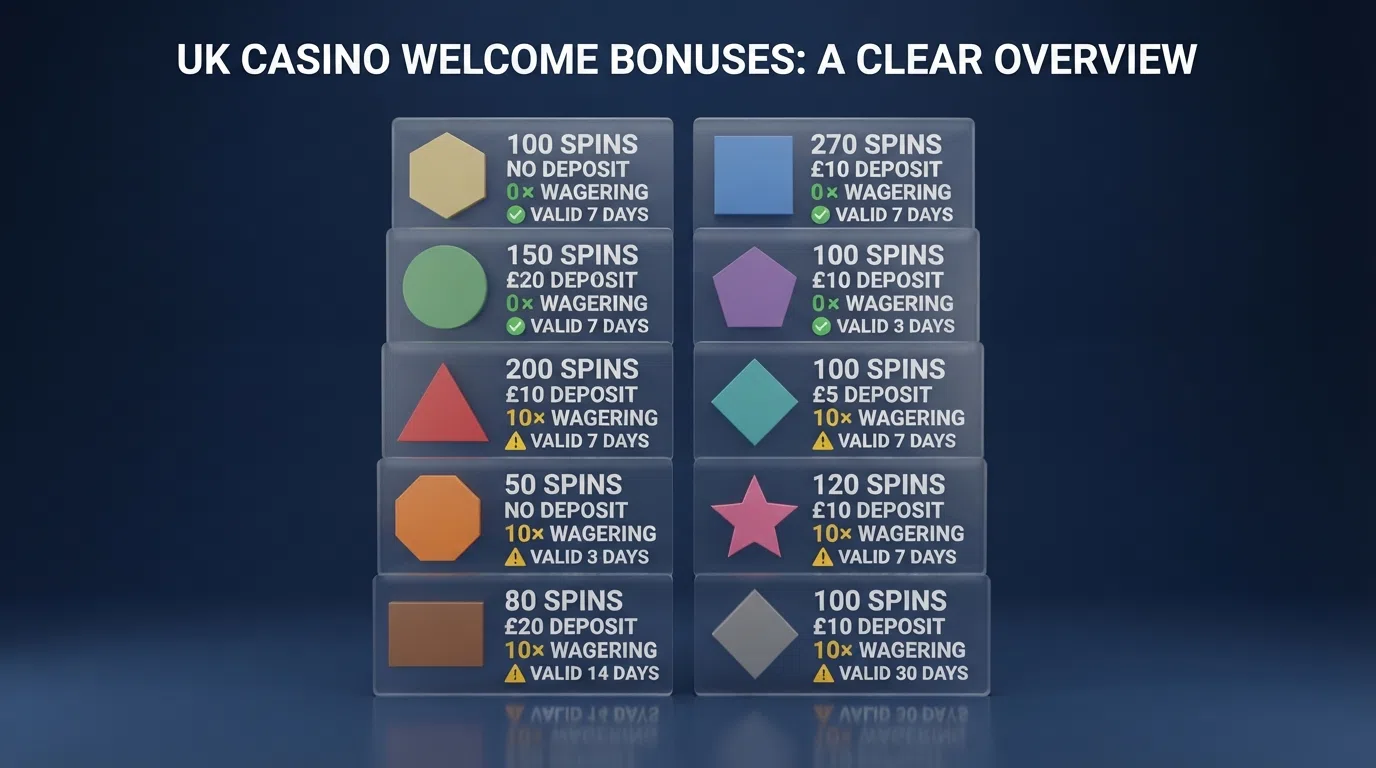 A grid of UK casino operator logos arranged by free-spin count, with wagering multipliers and validity windows displayed beneath each one
